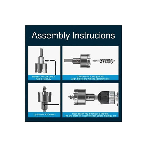 Get Ready For Heavy Duty Metal And Plastic Drilling With This Awesome 3 Piece Tct Carbide Hole Saw Set Featuring 20mm 25mm And 30mm Bits That Lock Stable, Drill Clean And Cut Tough Materials Like A Boss Without Any Slippage Or Hassle.. assembly instructions showing pilot bit installation and drill chuck setup