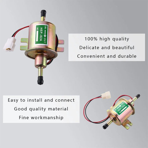 12V Inline Fuel Pump For Gas Engines With Low 2.5 To 4 PSI, Universal Fit For Lawn Mowers, Close-up View, Built In Check Valve