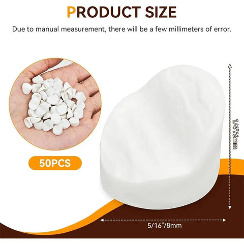 White Door Frame Plugs 50 Pack 5/16 By 1/4 Inch Hole Covers shown with size measurements and quantity displayed on packaging.