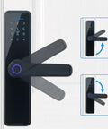 Top Shelf Keyless Fingerprint Smart Door Lock With Rain Ready Waterproof Design And Slick Remote Photo Control App For Zero Hassle Home Security And Bulletproof Deadbolt Protection shown from the side with a display keypad.