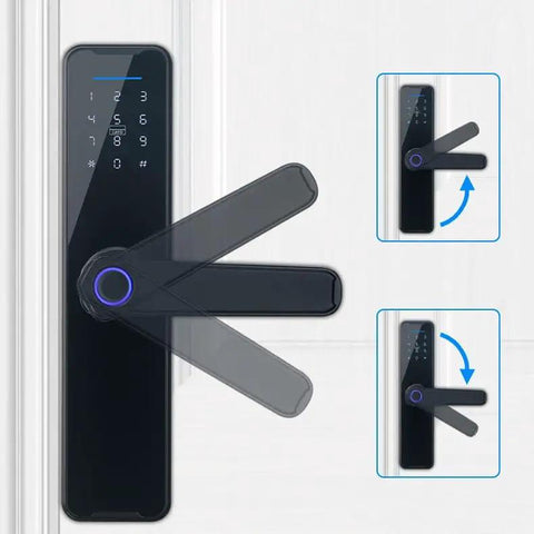 Top Shelf Keyless Fingerprint Smart Door Lock With Rain Ready Waterproof Design And Slick Remote Photo Control App For Zero Hassle Home Security And Bulletproof Deadbolt Protection shown from the side with a display keypad.