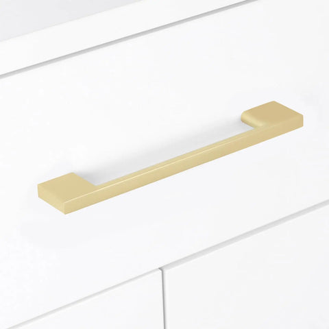 Brushed Gold Cabinet Pulls 3 Inch 76mm Two Pack, Kitchen Cabinet Handles for Drawers mounted on white cabinet