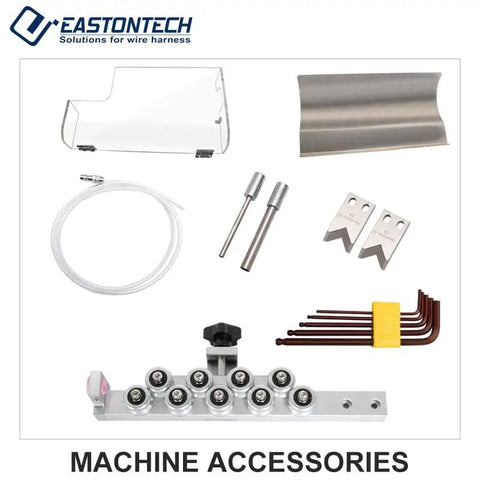 Machine accessories for Heavy Duty Automatic Cable Wire Cutter And Stripping Machine including blades, rods, and cover.