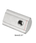 Close-up of Roll-In Spring M4 T Nut for 4040 Aluminum Extrusion showing hole and 8mm groove depth measurement, nickel-plated steel.