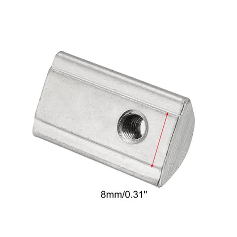 Close-up of Roll-In Spring M4 T Nut for 4040 Aluminum Extrusion showing hole and 8mm groove depth measurement, nickel-plated steel.
