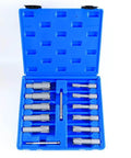 Front view of open blue case holding 13-piece Oscarbide carbide TCT annular cutter set with Weldon shanks