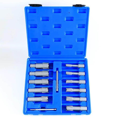 Front view of open blue case holding 13-piece Oscarbide carbide TCT annular cutter set with Weldon shanks