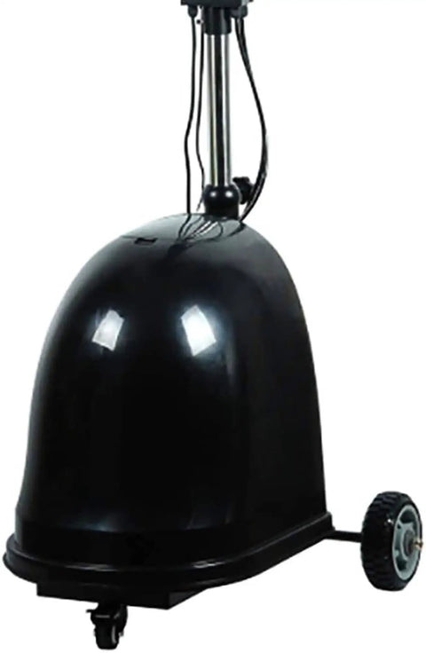 Floorstand Mist Fan With Oscillating Head And Adjustable Height features a black base and wheels for easy mobility.
