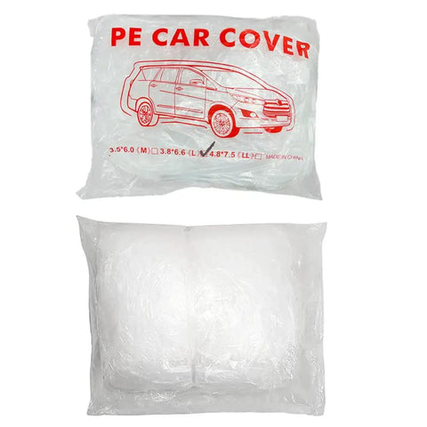 Clear Disposable Car Cover Keepin It Dry Fits Any Car Up To 12.4 Ft By 21.6 Ft, packaged with illustration and dimensions