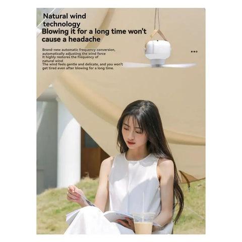 kousoer Ceiling Fans Quiet Remote USB 7200mAh hanging fan above a woman reading outdoors under a tarp.