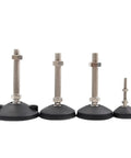 Tough As Nails Adjustable Furniture Leveling Feet With Swivel Articulating Base Pads Secure Grip For Uneven Floors Carbon Steel And Nylon Construction Set Of 4 M8 Threaded Pads displayed in varying heights.
