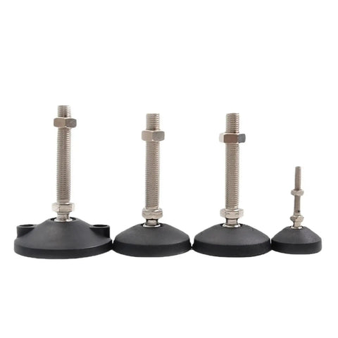 Tough As Nails Adjustable Furniture Leveling Feet With Swivel Articulating Base Pads Secure Grip For Uneven Floors Carbon Steel And Nylon Construction Set Of 4 M8 Threaded Pads displayed in varying heights.