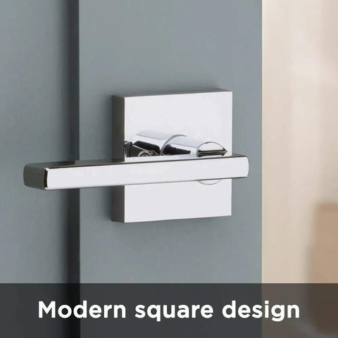 Halifax Door Lever Handle With Iron Black Finish For Hallways And Closets, slick modern square design on door surface.