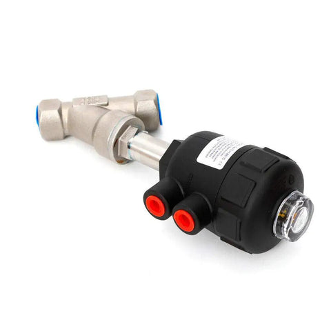 DN15 One Half Inch Pneumatic Angle Seat Valve For Steam Systems, Air Actuated, 0.3 To 1 MPa, PTFE Sealing, 304 Stainless Steel.