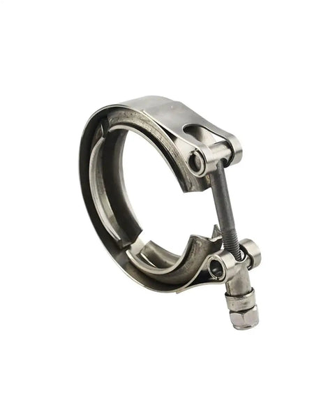 Sick 304 Stainless Steel Exhaust V Band Clamp Engineered For Extreme Heat Drag Racing And Street Builds With Rock Solid Seal And Zero Leakage Two Inch Diameter, close-up view showing clamp and adjustment screw.