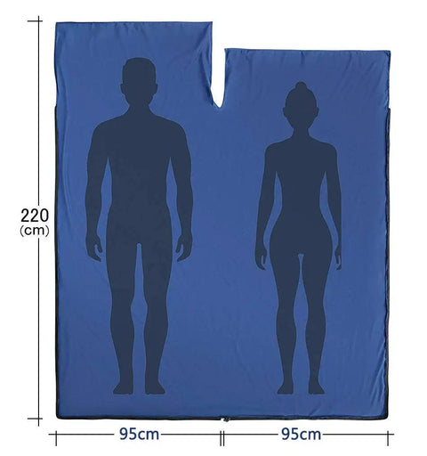 Sleeping Bag Liner For Backpacking And Travel Sheets, Lightweight Adult Sleep Sack dimensions with silhouettes, ideal for camping.