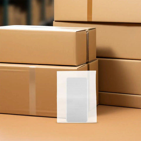 100 Pcs White EPE Foam Packing Pouches For Shipping And Storage displayed in front of stacked cardboard boxes.