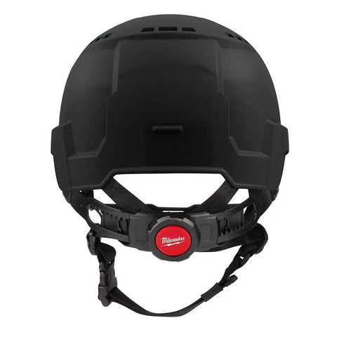Rear view of Bolt Ratchet Type II Class C Safety Helmet Black Vented Hard Hat With Quick Adjust Fit Durable Construction Jobsite Gear