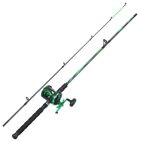 Progressive Glass Fishing Rod and Reel Combo 7ft Medium Heavy for Catfish Salmon and Steelhead Green Right Handed Reel, carbon-fiber and fiberglass