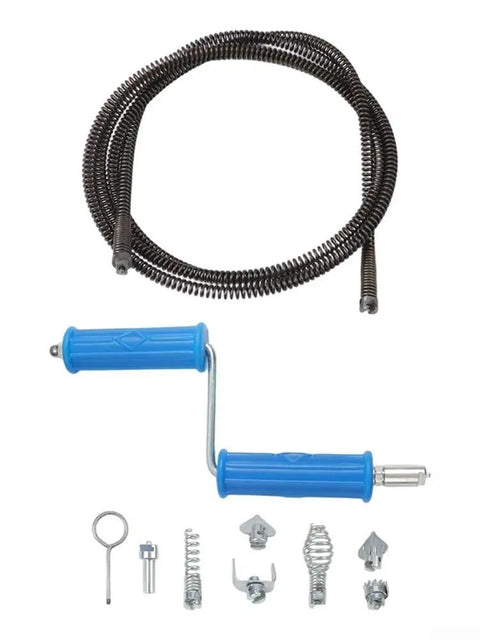 Heavy Duty Electric Pipe Auger With A Rock Solid Steel Spiral Cable, interchangeable cutters and flexible cable for drain clogs.