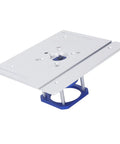 Heavy Duty Aluminum Router Lift Plate Kit With Precision Insert Base For Woodworking Routers features aluminum plate with blue base.