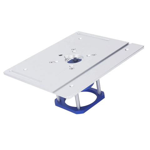 Heavy Duty Aluminum Router Lift Plate Kit With Precision Insert Base For Woodworking Routers features aluminum plate with blue base.