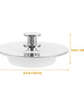 Universal Bathtub Drain Stopper, Stainless Steel Silicone, 42-44mm dimensions 2.4 inches wide, 1 inch tall, detailed view.