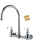 Commercial Wall Mount Kitchen Faucet With 8-Inch Center Gooseneck Swivel Spout, Two Handles, Heavy Duty Brass Chrome Finish, Lead-Free