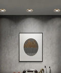 Nine Pack Slick Recessed Lighting Trim Kits With Dimmable LED Downlights For No Sweat Hotel Or Home Installations Top Shelf Bronze Finish, illuminated ceiling view.