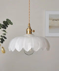 Flower Glass Pendant Light, Ceiling Colorful Lamp, Modern Farmhouse Fixture, White glass shade with gold fitting, 11.8in.