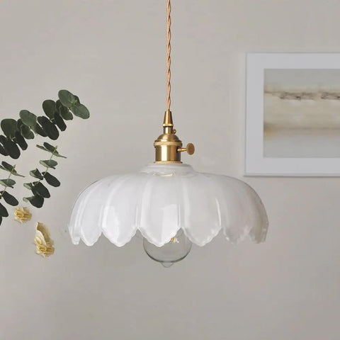 Flower Glass Pendant Light, Ceiling Colorful Lamp, Modern Farmhouse Fixture, White glass shade with gold fitting, 11.8in.