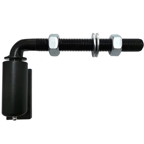 Heavy Duty Gate Hinge Set For Welding On Large Iron Or Steel Gates With Adjustable Five Eighth Inch J Bolt Pivot, Ball Bearing, Rust Resistant Black Powder Coat, Easy Install, Sold As Pair, black steel hinge close-up