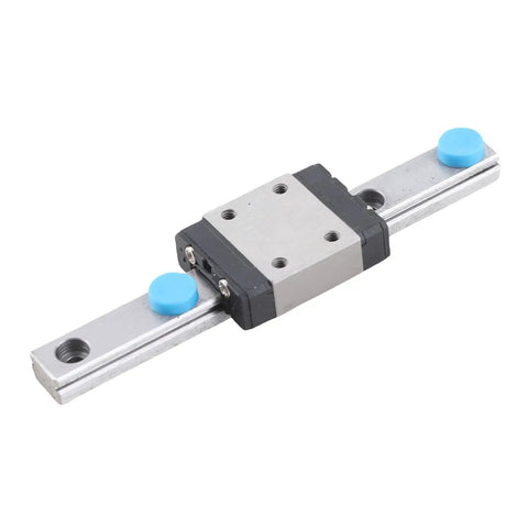 Precision Linear Rail Guide With 7mm Wide Slide Block With Ball Retainer And Built In Lubrication System in silver and black finish.