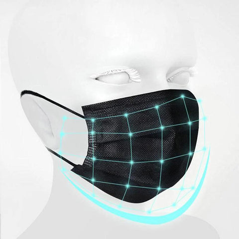 Close-up of mannequin wearing 3 Ply Black Disposable Face Mask Pack Of 100 With Non Woven Fabric, Comfortable Elastic Earloops