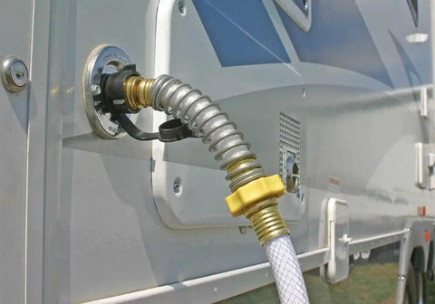 Flexible Hose Protector With Gripper For RV Water Hoses Stops Faucet Crimping No Hassle Snap On Easy To Install in use on RV