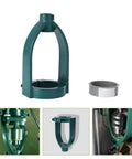 Green drill press stand with 55mm sleeve, featuring a square tenon converter for handheld guides and straight hole drilling.