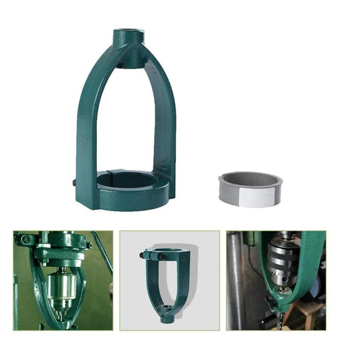 Green drill press stand with 55mm sleeve, featuring a square tenon converter for handheld guides and straight hole drilling.