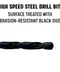 Left Hand High Speed Steel Drill Bit Set, 29 Piece, From One Sixteenth To One Half Inch In Sixty Fourths, Black Oxide Coated For Lubricity And Toughness, The All Purpose Workhorse For Metal Wood And Plastics, DWDLH Series, close-up of drill bit with black oxide coating and text description