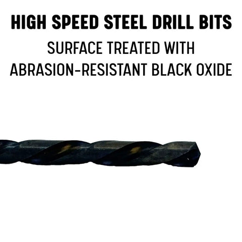 Left Hand High Speed Steel Drill Bit Set, 29 Piece, From One Sixteenth To One Half Inch In Sixty Fourths, Black Oxide Coated For Lubricity And Toughness, The All Purpose Workhorse For Metal Wood And Plastics, DWDLH Series, close-up of drill bit with black oxide coating and text description