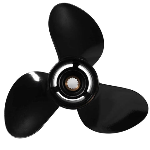 Upgrade Aluminum Boat Propeller Thirteen And A Quarter Inch Diameter Seventeen Pitch Three Blade Right Hand Rotation Fifteen Spline Fits Suzuki Outboard Motors DF50 Through DF140HP OEM 58100 95512 019, top view.