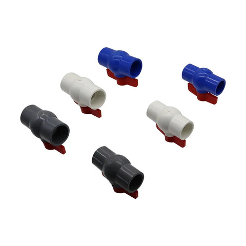 Full Port Pvc Ball Valve With Red T Handle And Slip Ends Offers Knockout Durability For Your No Sweat Backyard Oasis Setup Fits 20 25 32 40 Mm Pipes For Greenhouses Yards And Diy Irrigation Projects Boasts Fast Solvent Install, assorted colors with red handles.