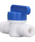 Slick Quick Connect Shut Off Valves For 1/4 Inch Water Line Tubing, white and blue valve for RO units, easy on/off control.