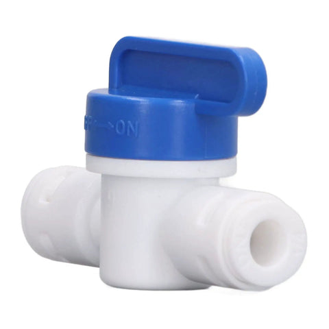 Slick Quick Connect Shut Off Valves For 1/4 Inch Water Line Tubing, white and blue valve for RO units, easy on/off control.