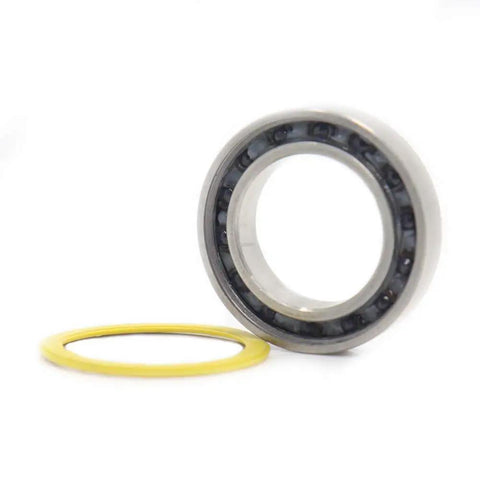 Ceramic Hybrid Radial Bearing 15x24x5mm with yellow LLB seal, ABEC 3 precision, for bike hubs; side view of one piece 6802 2RS