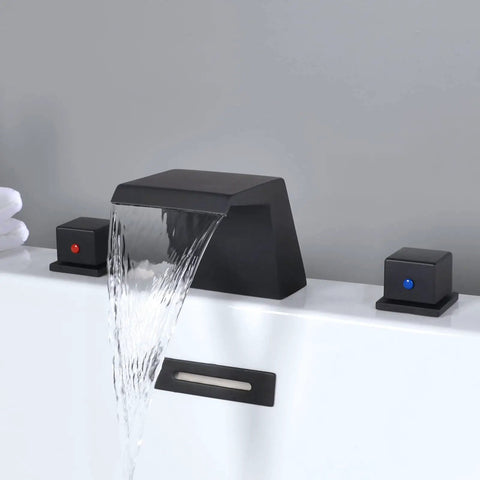 Matte Black Deck Mount Tub Faucet With Waterfall Spout, 3 Hole Roman Tub Filler Set, Two Handle Water Mixer For Hot And Cold