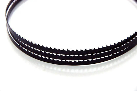 Workhorse Grade 72 Inch Bandsaw Blades 1/4 By 6 Tpi Premium Carbon Steel wood cutting blades in a close-up view.