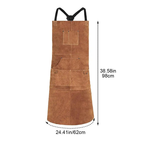 Rugged Heat Resistant Welding Apron With Six Tool Pockets, Heavy Duty Leather Forge Apron for Metalworking, dimensions shown