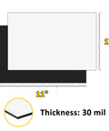 Flexible Iron-Particle Vinyl Magnetic Receptive Sheet 11 By 17 Inches Four Pack With Adhesive Backing showing dimensions and thickness.