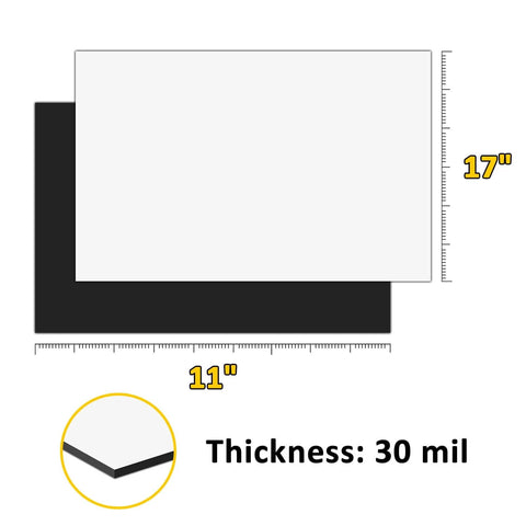 Flexible Iron-Particle Vinyl Magnetic Receptive Sheet 11 By 17 Inches Four Pack With Adhesive Backing showing dimensions and thickness.