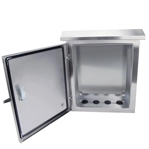 Outdoor Electrical Box 16 X 12 X 8 In NEMA 4X Stainless Steel Enclosure Weatherproof IP65 Junction Box open view with door ajar